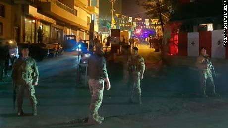 Lebanese army soldiers block the main entrance of Burj Shamali Palestinian refugee camp.