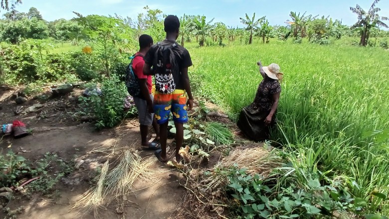 Brother Geslyn Victore and his friend are visiting Marianne during her lunch break on June 24, 2025. Photo by Edxon Francisque/The Haitian Times.