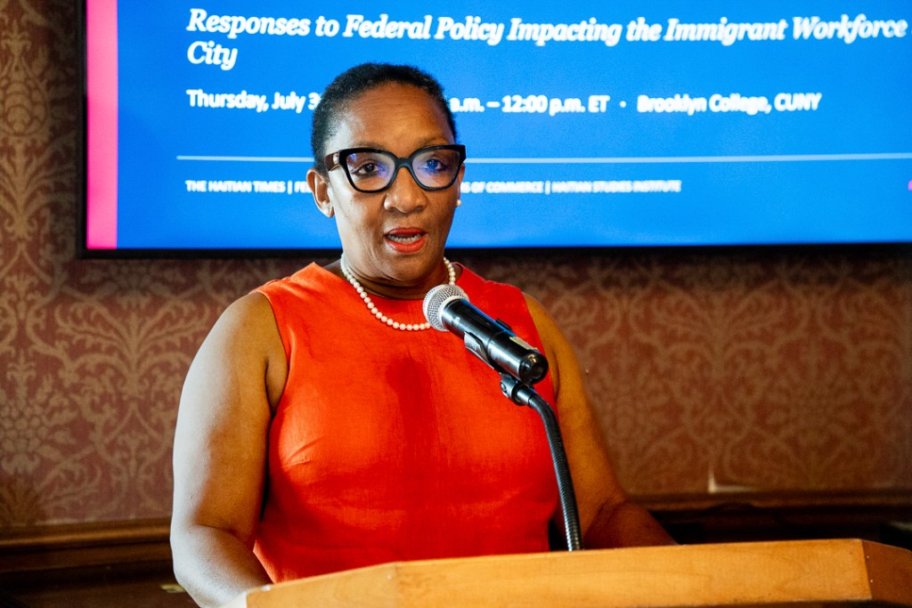 Dr. Marie Lily Cerat speaks during “Leading Labor in a Changing Immigration Landscape,” a leadership breakfast at Brooklyn College in Brooklyn on July 30, 2026. The event brought together elected officials, business leaders and community advocates to discuss federal immigration policy and its effects on New York’s workforce. Fredner Cayemitte / The Haitian Times