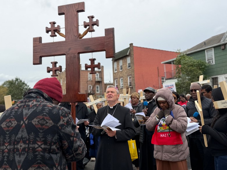 Bishop Robert Brennan joined marchers through the streets of Flatbush, Brooklyn, on Sunday, October 17, 2026, to pray at the Stations of the Cross.  
